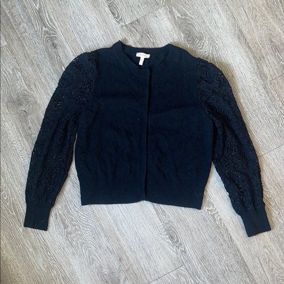 Rebecca Taylor black size large Lace Sleeve Cardigan sweater wool blend - Picture 1 of 7